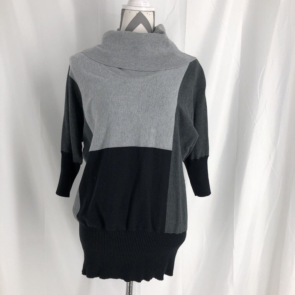 Fashion Bug Cowl Neck Pullover Sweater Large Black/Gray 3/4 Sleeve